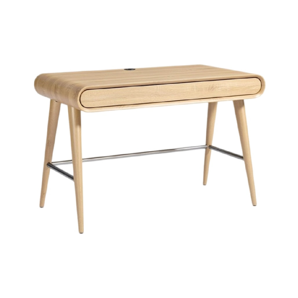 Technische titel in het Nederlands: **Moderne houten bureau met lade en metalen poten**