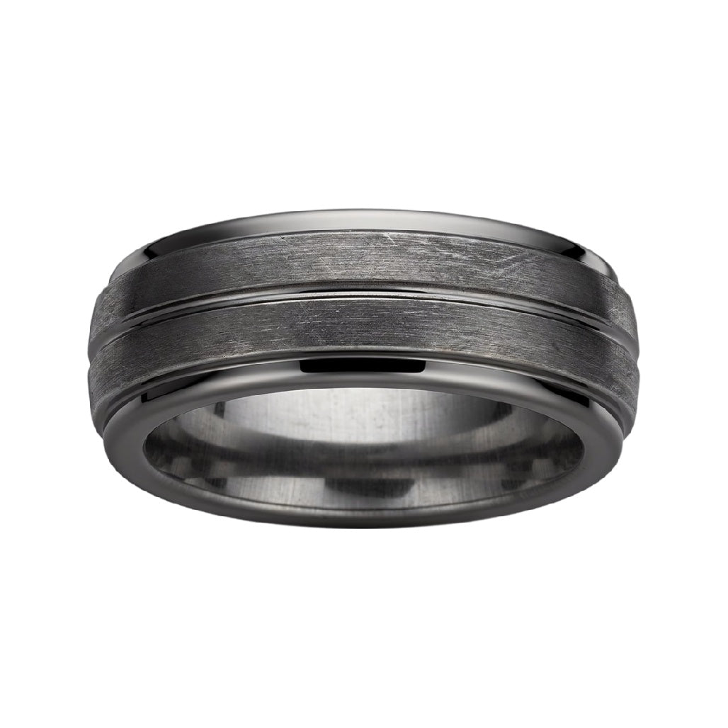 **Technische titel in het Nederlands: 'Moderne Zwarte Tungstennring met Gestructureerd Ontwerp'**