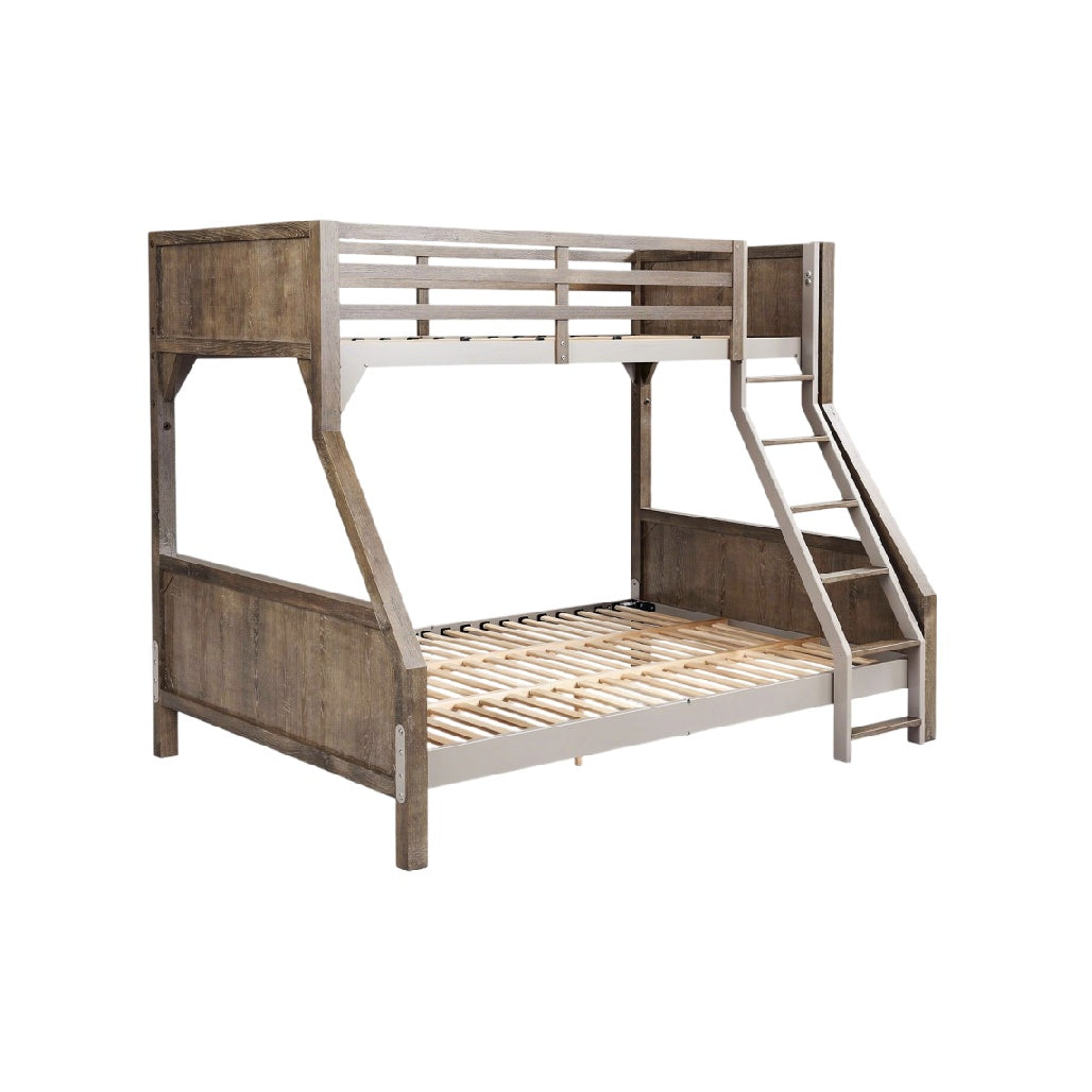 **Technische titel in het Nederlands:** Twee-niveau stapelbed van hout met ladder en open ontwerp
